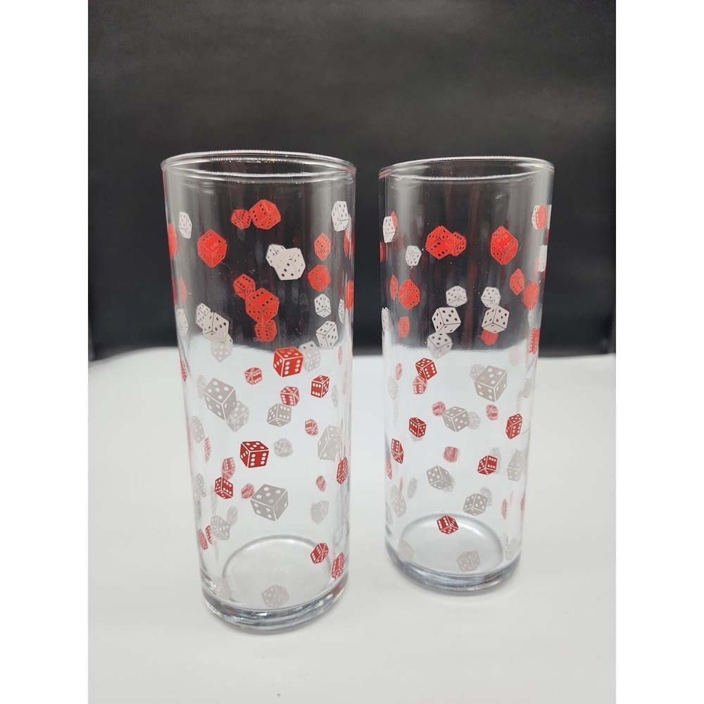 Vintage 6.25" Tom Collins‎ Highball Tumbler Glass MCM Barware Red White Dice